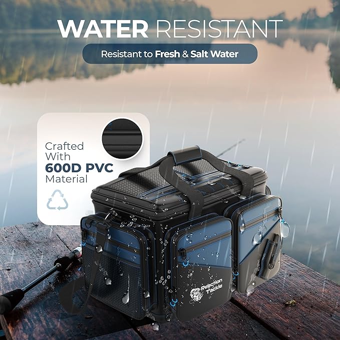 Reaction Tackle Fishing Tackle Bag – Salt Water Resistant Fishing Bag, 1000D PVC Waterproof Material, Tackle Box Organizer with Dividers for 3600 or 3700 Trays (Small, Medium, Backpack only fit 3600)