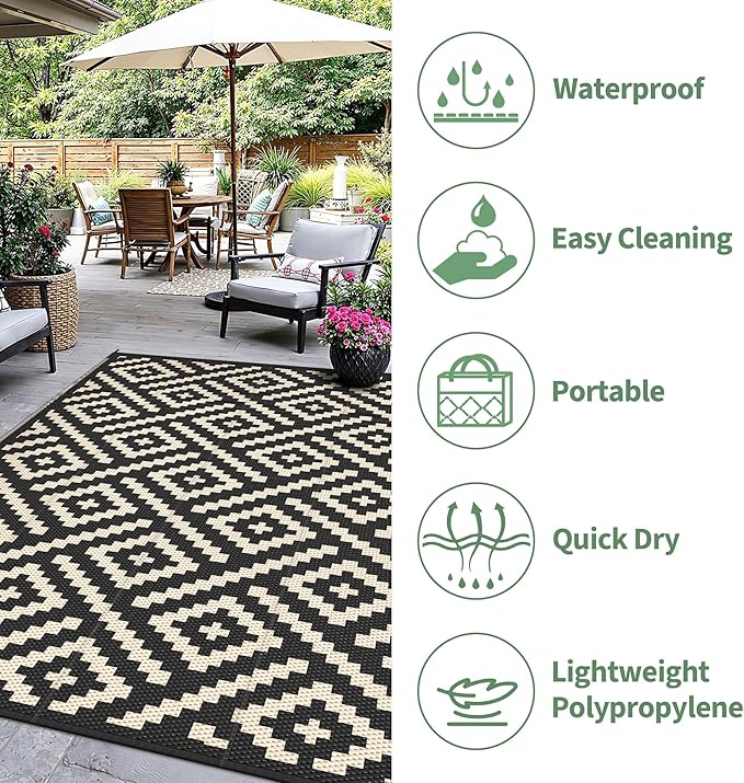 Outdoor Rug for Patio - Waterproof Plastic Straw Camping Rugs 8x10 ft, Reversible Outdoor Indoor RV Mat Carpet for Patio, Porch, Deck, Balcony, Picnic, Beach, Black Beige