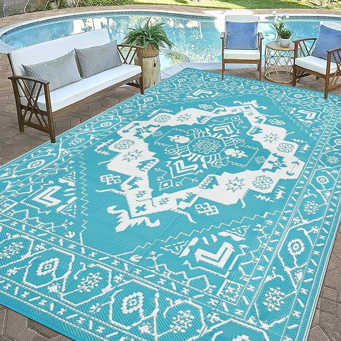 Pauwer Waterproof Outdoor Rug 9x12, Reversible Plastic Straw Patio Camping Rug, Indoor Outdoor RV Mat Carpet for Deck, Camper, Porch, Balcony, Backyard, Picnic, Medallion Teal