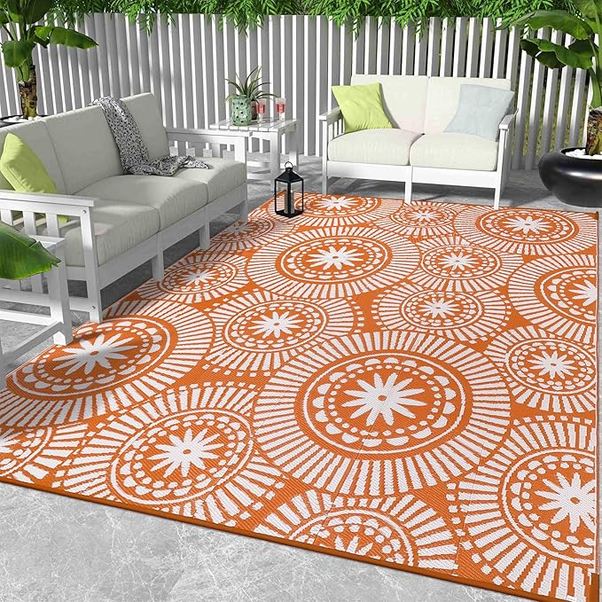 Ileading Large Plastic Outdoor Rug 9x12ft Modern Geometric Style Reversible Patio Area Rugs Waterproof Non Shedding Portable Carpets for Rv Outside Deck Pool Beach Picnic Camping (Orange)