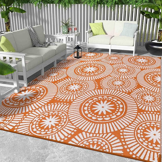 Ileading Large Plastic Outdoor Rug 9x12ft Modern Geometric Style Reversible Patio Area Rugs Waterproof Non Shedding Portable Carpets for Rv Outside Deck Pool Beach Picnic Camping (Orange)