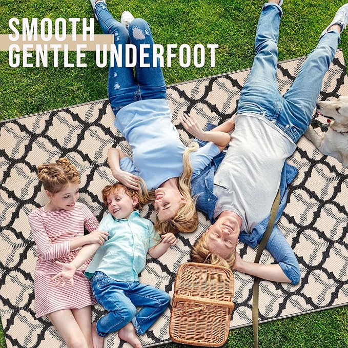 OLANLY Reversible Outdoor Rug 5x8 ft Clearance, Waterproof Outdoor Plastic Straw Rug with Interlacing Pattern, RV Mat for Patio, Camping, Balcony, Deck, Backyard, Black & Beige