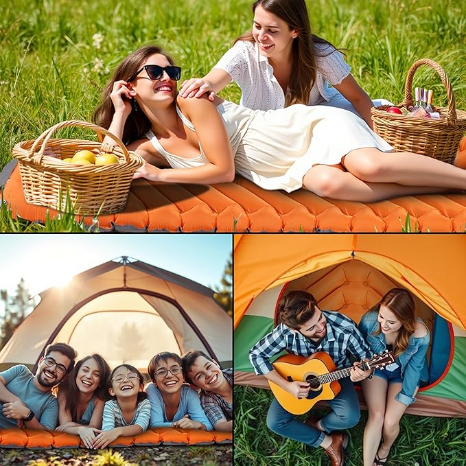 Sleeping Pad with Pillow, Self Inflating Extra-Thick, Ultralight Sleeping Mat, Built-in Pump, Ultimate for Camping, Hiking, Traveling, Airpad, Carry Bag, Compact & Lightweight Air Mattress (Orange)