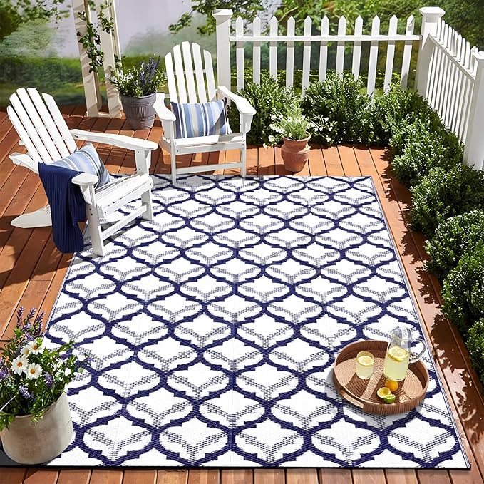 OLANLY Reversible Outdoor Rug 5x8 ft Clearance, Waterproof Outdoor Plastic Straw Rug with Interlacing Pattern, RV Mat for Patio, Camping, Balcony, Deck, Backyard, Navy & White