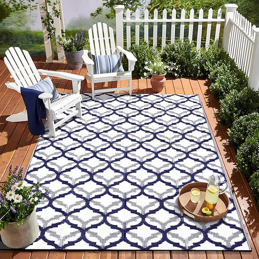OLANLY Reversible Outdoor Rug 5x8 ft Clearance, Waterproof Outdoor Plastic Straw Rug with Interlacing Pattern, RV Mat for Patio, Camping, Balcony, Deck, Backyard, Navy & White