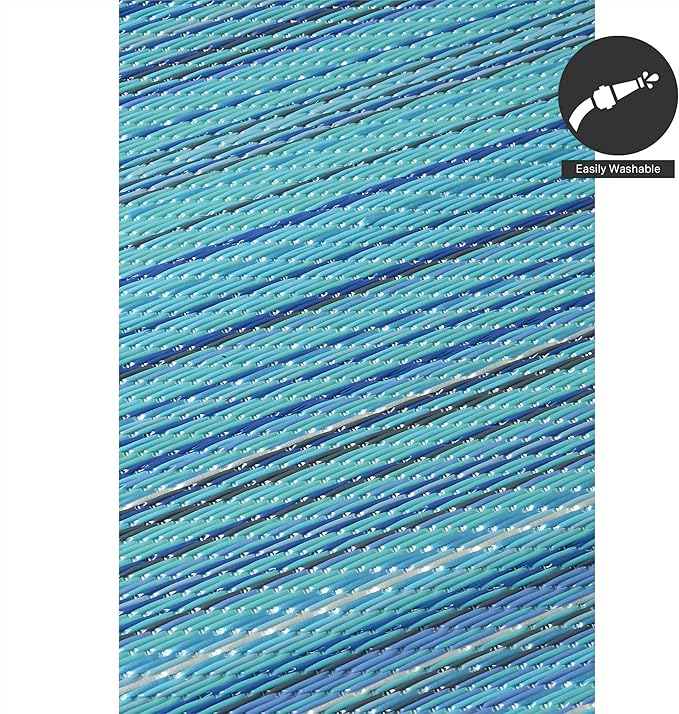 FH Home Outdoor Rug - Waterproof, Fade Resistant, Reversible - Premium Recycled Plastic - Striped - Patio, Deck, Porch, Balcony - Havana - Turquoise Crease Free - 5 x 8 ft