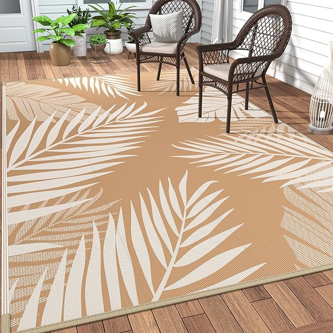 GENIMO Outdoor Rug 10' x 14' Waterproof for Patios Clearance, Reversible Outdoor Plastic Straw Camping Rug Carpet, Large Area Rugs Mats for RV, Camper, Deck, Balcony, Porch, Beach, Brown&Beige