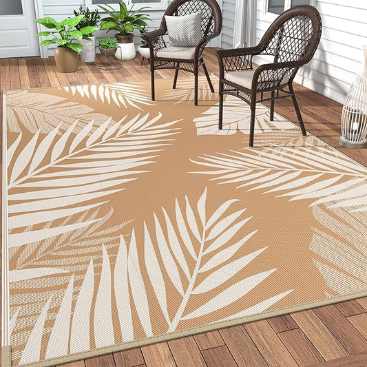 GENIMO Outdoor Rug 10' x 14' Waterproof for Patios Clearance, Reversible Outdoor Plastic Straw Camping Rug Carpet, Large Area Rugs Mats for RV, Camper, Deck, Balcony, Porch, Beach, Brown&Beige