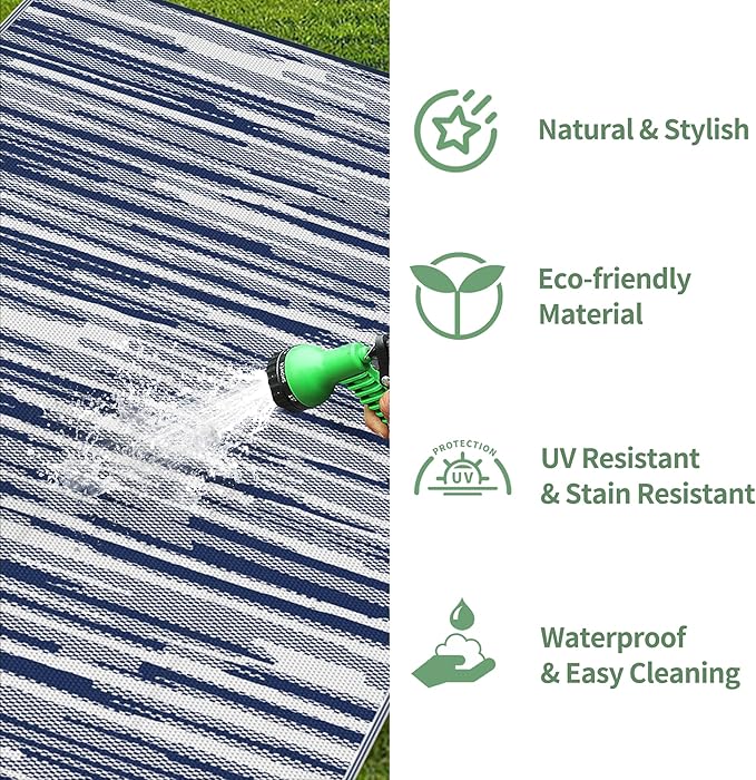 GENIMO Outdoor Rug for Patio Clearance, 9'x12' Waterproof Camping Mat, Reversible Plastic Straw Rugs for RV, Camper, Balcony, Backyard, Picnic, Deck (Blue White)