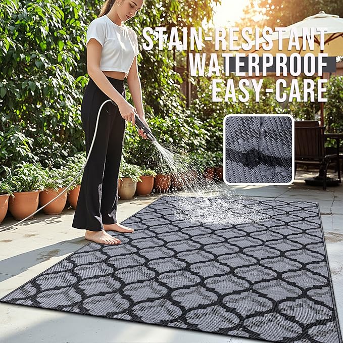 OLANLY Reversible Outdoor Rug 5x8 ft Clearance, Waterproof Outdoor Plastic Straw Rug with Interlacing Pattern, RV Mat for Patio, Camping, Balcony, Deck, Backyard, Black & Grey