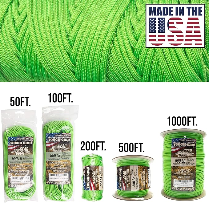 TOUGH-GRID Premium Neon Green Paracord 550 lbs Made in USA Outdoor Survival Nylon Rope Tactical Heavy Duty Strands Parachute Cord Used by US Military Type III Mil-Spec