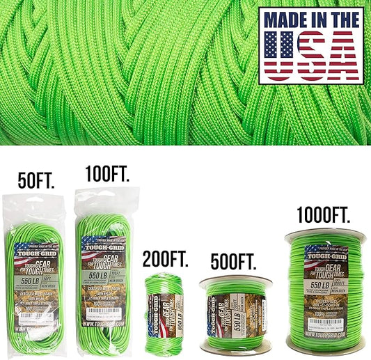 TOUGH-GRID Premium Neon Green Paracord 550 lbs Made in USA Outdoor Survival Nylon Rope Tactical Heavy Duty Strands Parachute Cord Used by US Military Type III Mil-Spec