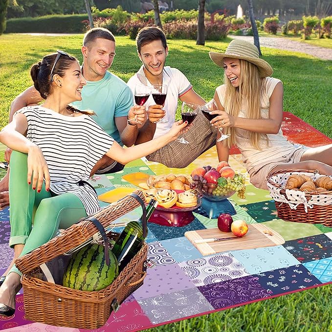 Extra Large Picnic Blankets Waterproof Foldable (80"x 80") Boho Beach Blanket Waterproof Sandproof,3-Layer Thicking Mat Outdoor Packable Camping Blanket