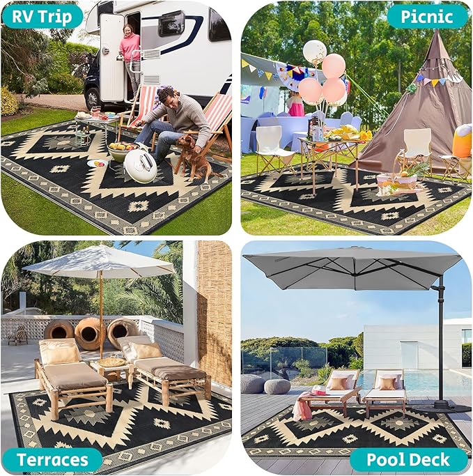 HEBE Outdoor Rug 8'x10' Waterproof for Patios Clearance, Reversible Plastic Straw Rug Camping Carpet, Indoor Outdoor Area Rugs Patio Mats for RV,Picnic,Backyard,Deck,Balcony,Porch