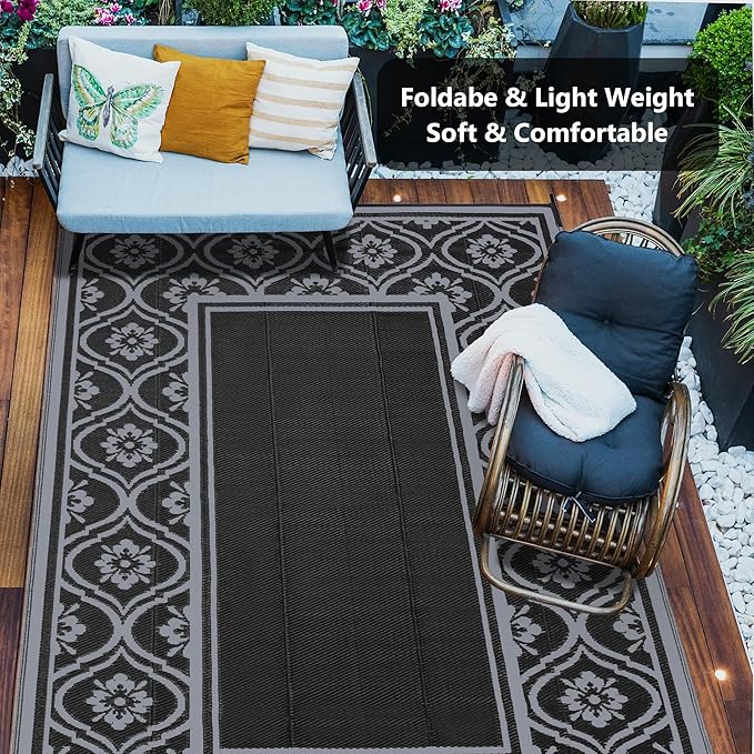 Outdoor Plastic Straw Rug, Waterproof Outdoor Rugs for Patios Clearance, Reversible Area Rug, Large Outside Carpet for Camping, Balcony, RV, Deck, Picnic, Beach (6x9ft Lantern/Black&Grey)