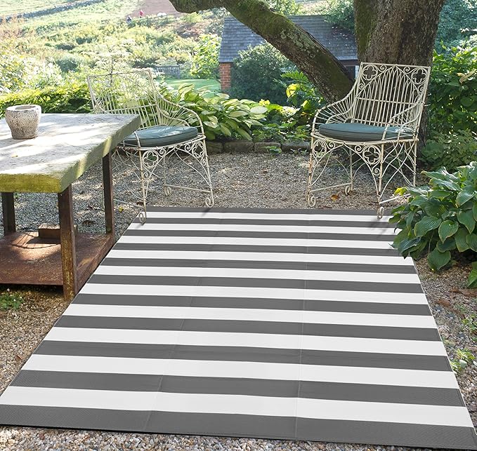 FH Home Outdoor Rug - Waterproof, Fade Resistant, Reversible - Premium Recycled Plastic - Striped - Large Patio, Deck, Sunroom, RV, Camping - Brittany Stripe - Gray & White - 9 x 12 ft Foldable
