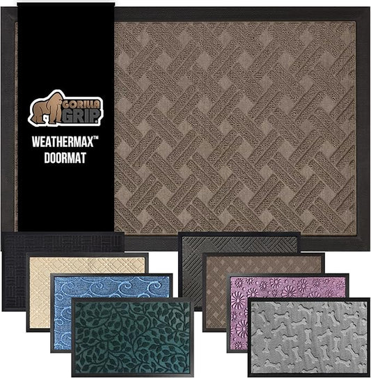GORILLA GRIP 100% Waterproof All-Season WeatherMax Doormat, 23x35, Durable Natural Rubber, Stain and Fade Resistant, Low Profile, Indoor Outdoor Door Mats, Easy Clean Entrance Mat, Taupe Basket Weave