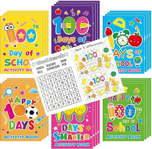 100th Day of School Activity Books for Kids - 24Pcs Happy 100 Days Mini Games Coloring Book Set Bulk Mazes Word Search Word Scramble Games for School Classroom Reward DIY Art Gifts Party Favors