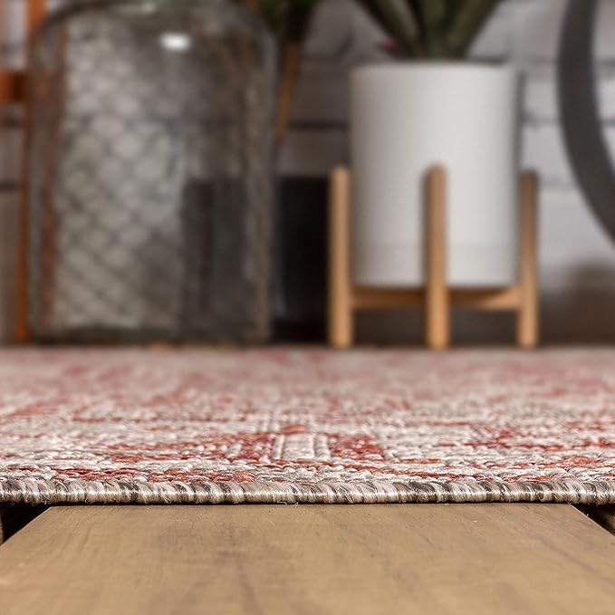 JONATHAN Y SMB105A-5R Estrella Bohemian Medallion Textured Weave Indoor Outdoor Area-Rug Coastal Bohemian Rustic Glam Easy-Cleaning Bedroom Kitchen Backyard Patio Non Shedding, 5' Round, Red/Taupe