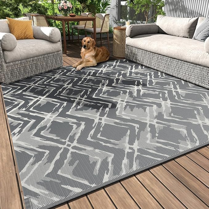 MontVoo Outdoor Rug Waterproof-Patio Rug Mat 5x7 Outdoor Carpet Reversible RV Camping Picnic Plastic Straw Rug Outside Outdoor Area Rug for Balcony Deck Backyard Patio Decor Modern Abstract