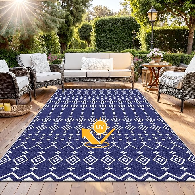 StepRite 5’ x 8’ Reversible Outdoor Rug, Waterproof Plastic Straw Rug, Patio Rug, Large Modern Area Rug Carpet, Indoor Outdoor Rugs for Camping, Porch, Deck, Balcony, Backyard, RV, Picnic(Blue)