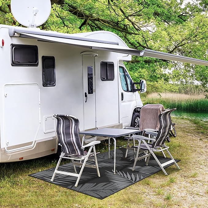 GENIMO Outdoor Rug 3' x 5' Waterproof for Patios Clearance, Reversible Outdoor Plastic Straw Camping Rug Carpet, Large Area Rugs Mats for RV, Camper, Deck, Balcony, Porch, Beach, Picnic, Black&Grey