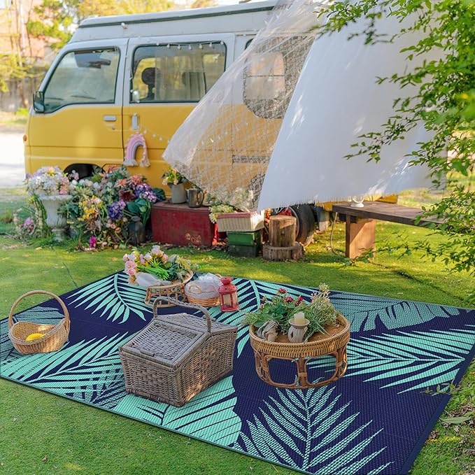 GENIMO Outdoor Rug 9' x 12' Waterproof for Patios Clearance, Reversible Outdoor Plastic Straw Camping Rug Carpet, Large Area Rugs Mats for RV, Camper, Deck, Balcony, Porch, Beach, Navy Blue&Jade Green