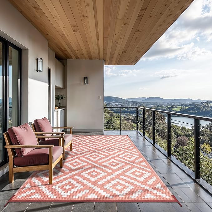 GENIMO Outdoor Rug for Patio Clearance, 6'x9' Reversible Plastic Straw Rugs, Lightweight Waterproof RV Camping Mat for Camper, Balcony, Deck, Backyard, Picnic, Brickred