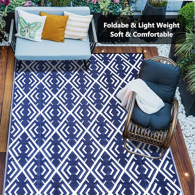 Outdoor Plastic Straw Rug, Waterproof Outdoor Rugs for Patios Clearance, Reversible Area Rug, Large Outside Carpet for Camping, Balcony, RV, Deck, Picnic, Beach (6x9ft Boho/Blue&White)