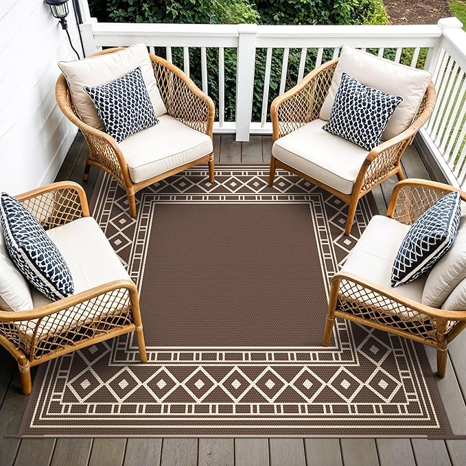 GENIMO Outdoor Rug Waterproof for Patio Decor, 10'x10' Foldable Reversible Plastic Straw Carpet, Outside Area Mat for Rv, Deck, Picnic, Porch, Camper, Balcony, Beach, Coffee & Beige