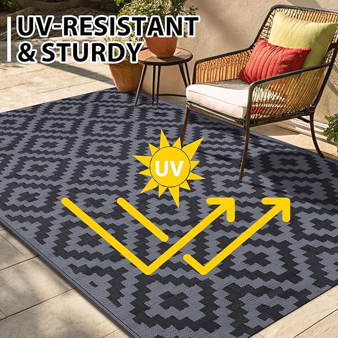 Smiry Waterproof Outdoor Rug 4x6 ft, Reversible Plastic Straw Patio Camping Rugs, Outdoor Indoor RV Mat Carpet for Patio, Outside Entry, Backyard, Deck, Bench, Picnic, Camper, Black & Grey