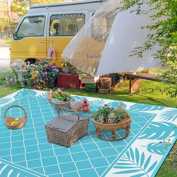Ileading Outdoor Rug Carpet for Patio 9'x12' Waterproof Reversible Plastic Straw Rug Portable Outside Area Rug Camping Mat for Patio, Clearance, Balcony, Picnic, Pool, Beach, RV, Deck, Teal