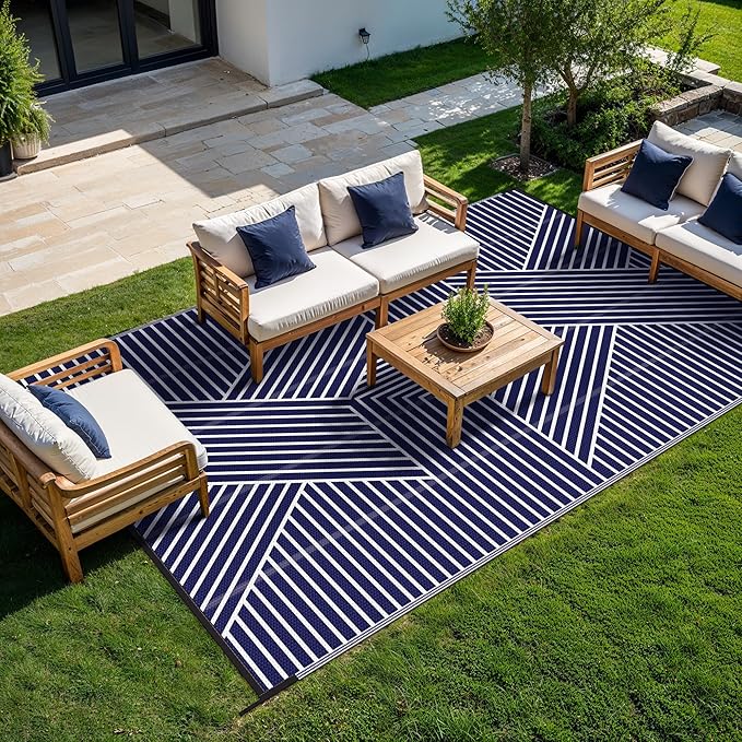 GENIMO Outdoor Rug 6'x9' for Patio Waterproof Clearance, Reversible Outdoor Plastic Straw Rug, Lightweight Carpet Camping Mat for Rv, Camper, Picnic, Balcony, Backyard, Deck, Porch, Blue & White