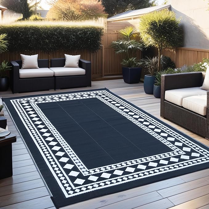 RURALITY Outdoor Rugs 6x9 Waterproof for Patios Clearance,Plastic Straw Mats for Backyard,Porch,Deck,Balcony,Black and White