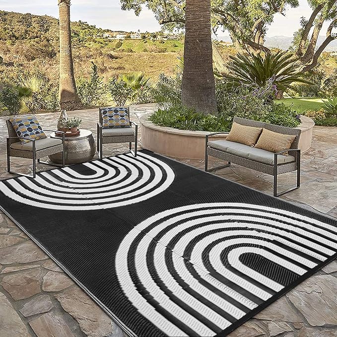 Anidaroel Outdoor Area Rug for Patio Clearance 6X9ft Waterproof, Reversible Plastic Straw Rug Outside Rug, UV Resistant RV Mat for Camping, Porch, Balcony, Pool Deck(Black&White, 6‘x9')