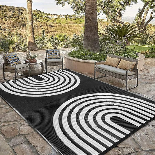 Anidaroel Outdoor Area Rug for Patio Clearance 6X9ft Waterproof, Reversible Plastic Straw Rug Outside Rug, UV Resistant RV Mat for Camping, Porch, Balcony, Pool Deck(Black&White, 6‘x9')