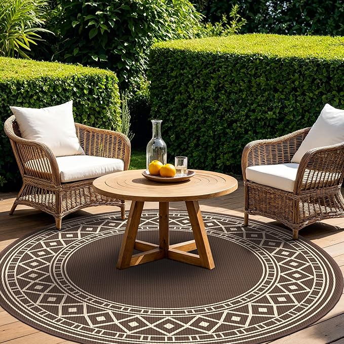 GENIMO Outdoor Rug Waterproof for Patio Decor, Round 10' Foldable Reversible Plastic Straw Carpet, Outside Area Mat for Rv, Deck, Picnic, Porch, Camper, Balcony, Beach, Coffee & Brown