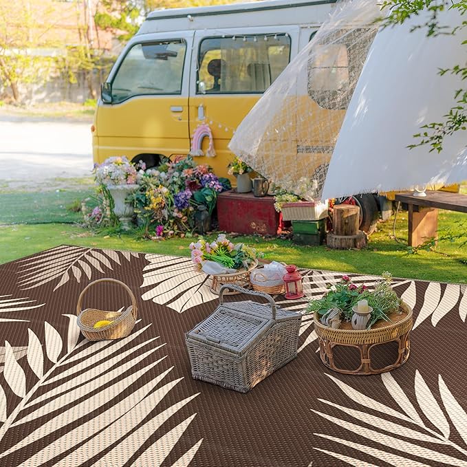 GENIMO Outdoor Rug 9' x 18' Waterproof for Patios Clearance, Reversible Outdoor Plastic Straw Camping Rug Carpet, Large Area Rugs Mats for RV, Camper, Deck, Balcony, Porch, Beach, Coffee&Beige