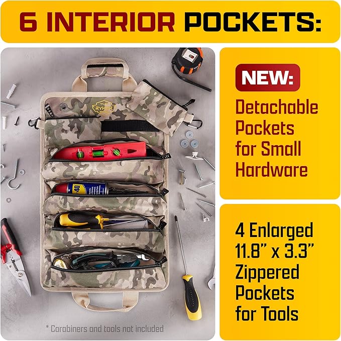 The Ryker Roll Up Tool Bag Organizer Gifts for Dad. Heavy Duty Motorcycle Tool Roll Bag Organizer. Portable Rollup Toolbag w/Detachable Pouches - Tools Bags Mens gifts for him/Mechanic - Camouflage