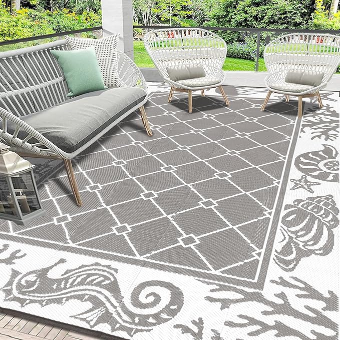 Vaukki Reversible Rugs, Plastic Straw Outdoor Doormat, Fade Resistant Plastic Outdoor Patio Mat, Lightweight Ocean Area Carpet for Patio, RV, Camping, Beach, Deck, Backyard and Picnic (Grey, 6'x9')