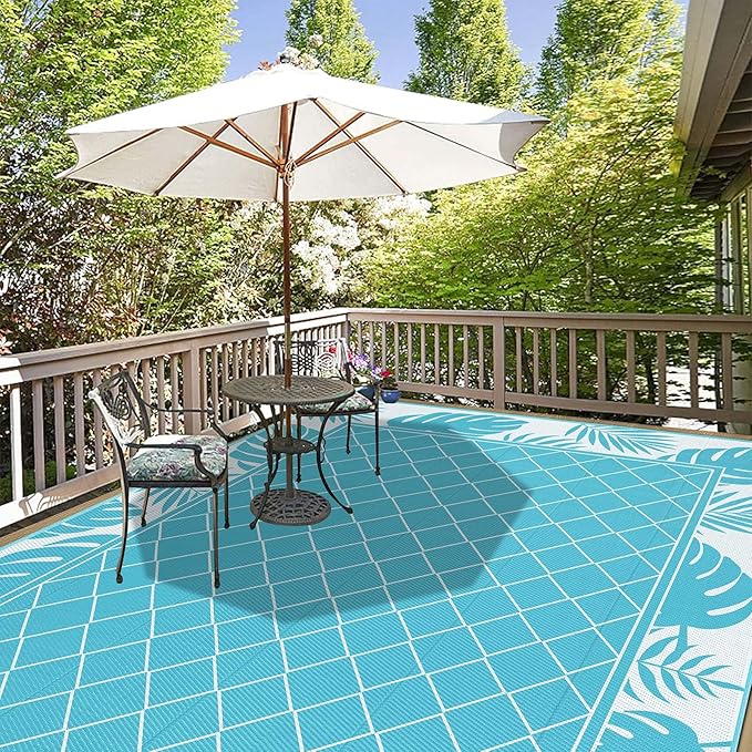 Ileading Outdoor Rug Carpet for Patio 9'x12' Waterproof Reversible Plastic Straw Rug Portable Outside Area Rug Camping Mat for Patio, Clearance, Balcony, Picnic, Pool, Beach, RV, Deck, Teal