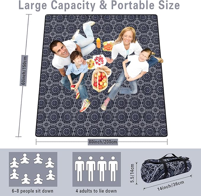 Extra Large Picnic Blankets Waterproof Foldable (60 "x 80") Beach Blanket Waterproof Sandproof,3-Layer Thicking Mat Outdoor Packable Camping Blanket