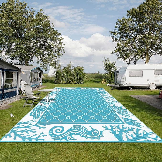 Vaukki Reversible Rugs, Plastic Straw Outdoor Doormat, Fade Resistant Plastic Outdoor Patio Mat, Lightweight Ocean Area Carpet for Patio, RV, Camping, Beach, Deck, Backyard and Picnic (Teal, 9'x12')
