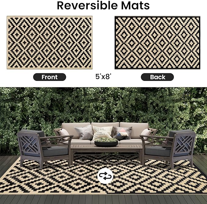 Smiry Waterproof Outdoor Rug 5x8 ft, Reversible Plastic Straw Patio Camping Rugs, Outdoor Indoor RV Mat Carpet for Patio, Outside Entry, Backyard, Deck, Bench, Picnic, Camper, Black & Beige