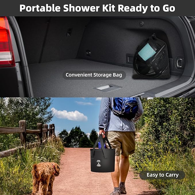 Moriko Portable Camping Shower, 6000mAh Rechargeable Shower Pump, Filtered Shower Head & 5 Gallons Foldable Bucket, Outdoor Shower for Hiking Beach, Travel, Pet Bath, Car Washing, Surf & Boat Cleaning
