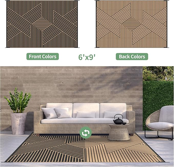 GENIMO Outdoor Rug 6'x9' for Patio Waterproof Clearance, Reversible Outdoor Plastic Straw Rug, Lightweight Carpet Camping Mat for Rv, Camper, Picnic, Balcony, Backyard, Deck, Porch, Black & Brown