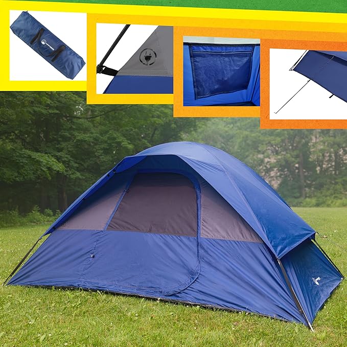 5 Person Camping Tent - Includes Rain Fly and Carrying Bag - Easy Set Up Tent for Backpacking, Hiking, or Beach Use by Wakeman Outdoors (Blue)