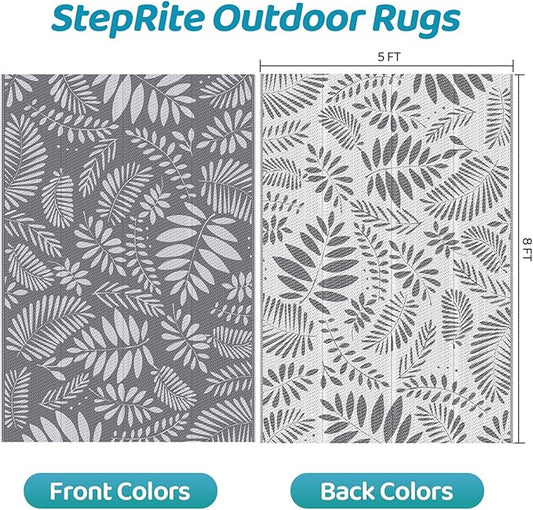 Outdoor Rug, Patio Rug, Plastic Straw Camping Rugs, Large Waterproof Area Rug and Mat for Outdoors, RV, Patio, Backyard, Deck, Porch, Beach, Balcony, (5'x 8', White&Gray)