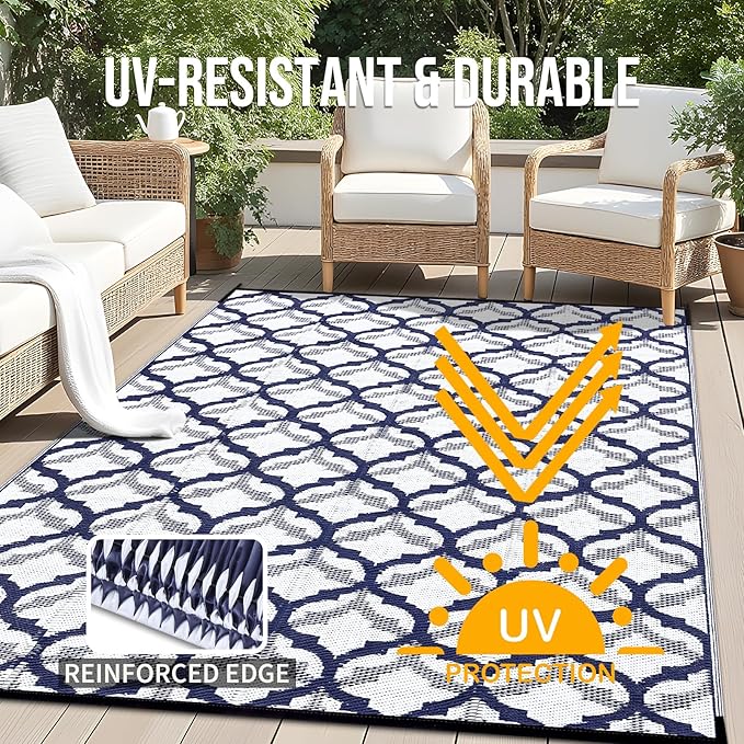 OLANLY Reversible Outdoor Rug 9x12 ft Clearance, Waterproof Outdoor Plastic Straw Rug with Interlacing Pattern, RV Mat for Patio, Camping, Balcony, Deck, Backyard, Navy & White