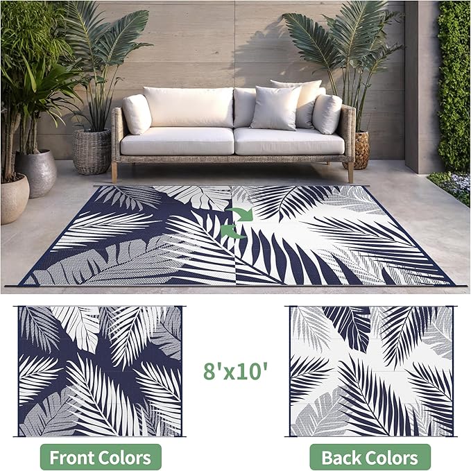 Outdoor Rug 8' x 10' for Patio Waterproof Clearance, Reversible Indoor Outdoor Plastic Straw Camping Rug Carpet, RV Mat, Large Area Rug for Deck, Backyard, Balcony, Porch, Navy Blue and White